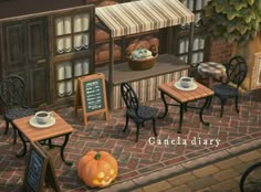 a painting of an outside cafe with pumpkins on the table