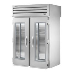 a double door refrigerator with glass doors on the front and bottom, against a white background