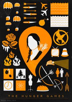 an orange and black poster with various items on it, including arrows, symbols, and other things