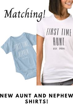 This nephew baby onesie is meant to go with the matching "First Time Aunt" shirt. Match with your nephew in this cute design. See the collection for other shirts. This cute design is great for any aunt to be, aunt, or auntie! It comes in a variety of colors, white, gray, pink, blue, and black. If you wish to have this t-shirt in black, click the customize button to change the lettering color to white. #auntbabyclothes #matchingauntandnephewshirt #nephew #newaunt Aunt Baby Clothes, Nephew Shirts, Aunt To Be