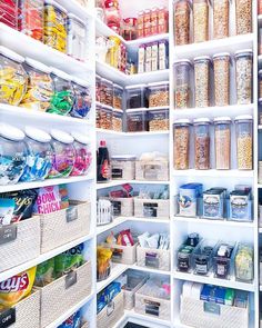 an organized pantry filled with lots of food