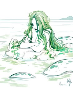 a drawing of a woman with long hair sitting in the water and looking at something