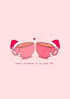 two mugs with santa hats on their heads and the words merry christmas to my best tea