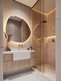 a bathroom with a sink, mirror and bathtub in the middle of the room