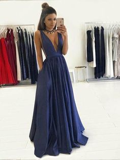 Dark Blue Prom Dresses, Prom Dresses Long Blue, Navy Prom Dresses, Evening Dress Long, Graduation Party Dresses, Formal Dresses For Teens, Prom Dresses With Pockets, V Neck Prom Dresses, Taffeta Dress