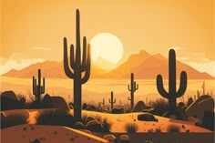 a desert scene with cacti and mountains in the background at sunset or dawn