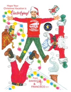 a christmas card with santa claus and other holiday items in the shape of an elf