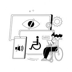 a person sitting in a wheelchair using a laptop computer and an eye on the screen