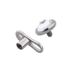 pair of stainless steel screws with clear crystal stone in the center on an isolated white background