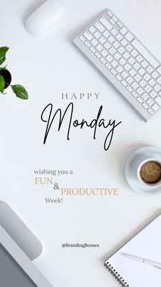 a desk with a keyboard, coffee cup and plant on it that says happy monday wishing you a fun and protective week