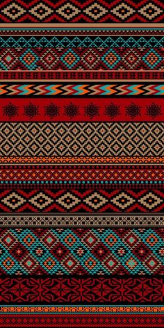 a red, blue and brown pattern with many different designs on it's sides