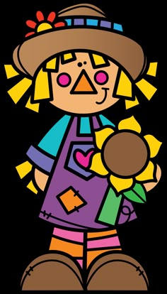 a drawing of a scarecrow holding flowers