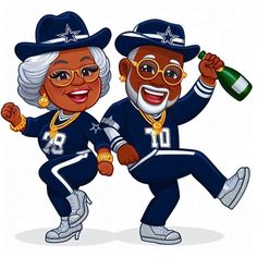 an old man and woman dressed in blue outfits, one is holding a wine bottle