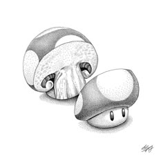 an ink drawing of two mushrooms on the ground