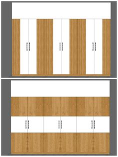 the front and back sides of a wooden cabinet with doors on one side and two drawers on the other