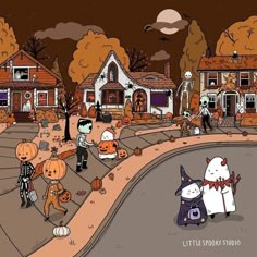 halloween scene with cats and pumpkins on the street in front of some houses at night