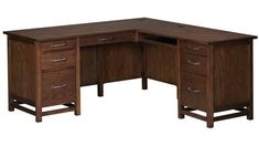 an l shaped desk with two drawers and one file cabinet on the left side is shown