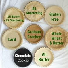 six pies with labels on them for different types of pies and their names