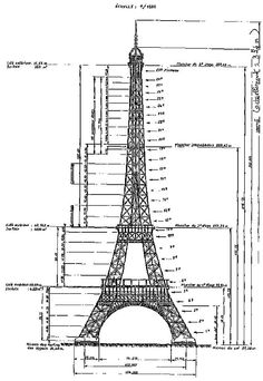 the eiffel tower is shown in black and white, as well as measurements