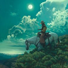 a man riding on the back of a white horse under a full moon filled sky