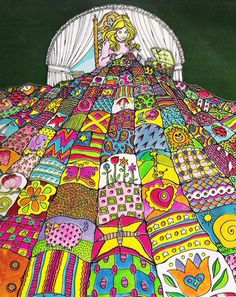 a drawing of a woman laying on top of a bed covered in lots of colorful fabric