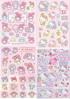 hello kitty stickers are shown in four different colors and sizes, including pink, blue,