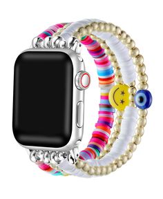 an apple watch with colorful bracelets and smiley face charms on the front, side view