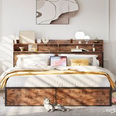 a bed sitting in a bedroom next to a wooden headboard and footstool