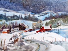 a painting of a snowy landscape with houses and trees