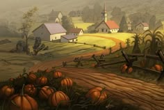 a painting of a rural scene with pumpkins on the ground and houses in the background