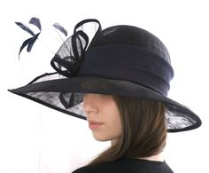 Derby style hat Navy wide-brim hat Kentucky derby hat Summer Evening Cloche Hat With Short Brim, Elegant Wide Brim Top Hat For Summer, Chic Summer Cloche Hat For Formal Occasions, Elegant Summer Top Hat With Flat Brim, Chic Cloche Hat For Royal Ascot Party, Chic Cloche Hat For Party At Royal Ascot, Chic Party Cloche Hat For Royal Ascot, Brimmed Evening Hat For Spring, Formal Wide Brim Top Hat For Spring