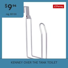 a magazine rack with the words keney over the tank toilet