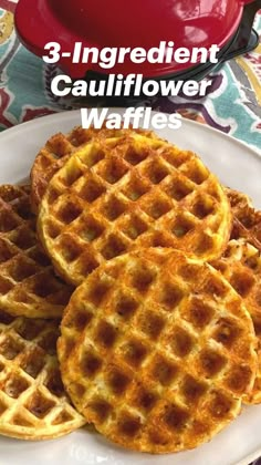 three ingredient cauliflower waffles on a white plate with text overlay