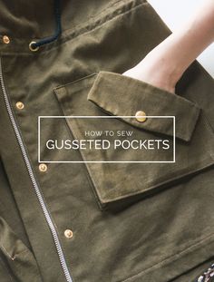 a person wearing a green jacket with the words how to sew gused pockets