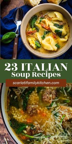 italian soup in a bowl with pasta and spinach on the side, next to bread