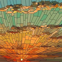 a stained glass window with the sun setting in the sky and clouds above it, as if