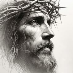 a pencil drawing of jesus with crown of thorns on his head, looking to the side