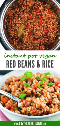 instant pot vegan red beans and rice in a crockpot with text overlay