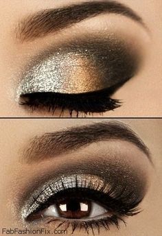 Glitter golden smokey eyes makeup look with eyeliner Broken Makeup, Gold Eye Makeup Tutorial, Gold Eye Makeup, Makeup Tip, Makeup Pallets, Smink Inspiration, Beauty Make-up, Makijaż Smokey Eye