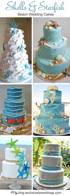 four different cakes decorated with seashells and starfish on the top one is blue