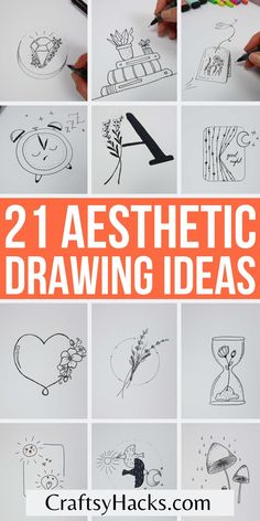 twelve drawings with the words aestheticic drawing ideas written on them in orange and white