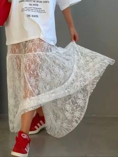 Casual style. European design. Long wide skirt. Elastic waist. Pull on. High waisted. Long length. Nylon fabric. Lined. Color may be lighter or darker depending of the device it is displayed. Long White Lace Skirt, Wide Skirt, White Lace Fabric, White Lace Skirt, Maxi Lace Skirt, Romper And Jacket, European Design, European Designs, Wide Pants