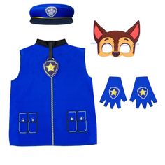 a blue vest, hat and gloves with masks on it