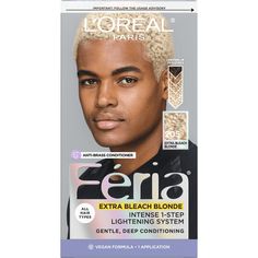 L'Oreal Paris Feria Permanent Hair Color, 205 Bleach Blonding Extra Bleach Blonde, Inspired by fashion, Feria offers a twist on the traditional and gives edgy hair colors from bright red, platinum blonde, rose gold, and metallic brown, to blue-black hair color, these hair dye kits will transform your hair. Feria's prismatic color spectrum is custom-blended by L'Oreal Paris master colorists for bold, head-turning shades - no appointment necessary. Packaging may vary, what you receive may not be w Good Blonde Hair Color, Blonde Twa, Blue Black Hair Color, Edgy Hair Color, Blonde Dye, Hair Glue, Eye Contacts, Blue Black Hair, Hair Kit