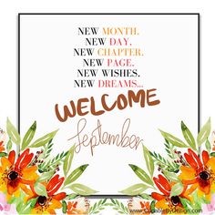 a welcome card with flowers and leaves in the center, on top of a white background