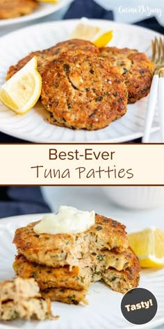 the best ever tuna patties are served on white plates with lemon wedges and butter