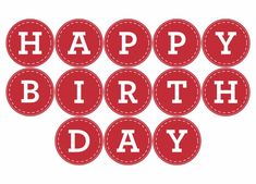 the words happy birthday are arranged in red and white circles with stitching around them