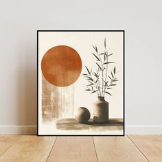 a painting on the wall with two vases and a bamboo plant