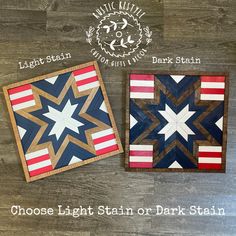 two wooden blocks with stars and stripes on them, one is made out of wood