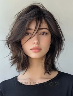 Face Length Bangs, Squared Face Hairstyles, Layered Bob Long Bangs, Hair Styles For Females, Side Swept Bangs With Medium Hair, Shaggy Bob Shoulder Length, Medium Length Haircut Side Part Bangs, Square Face Shoulder Length Hair, Medium Length Hair With Layers And Side Bangs Long Bobs